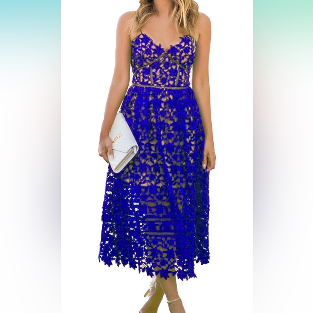 Blue lace midi dress size small excellent condition